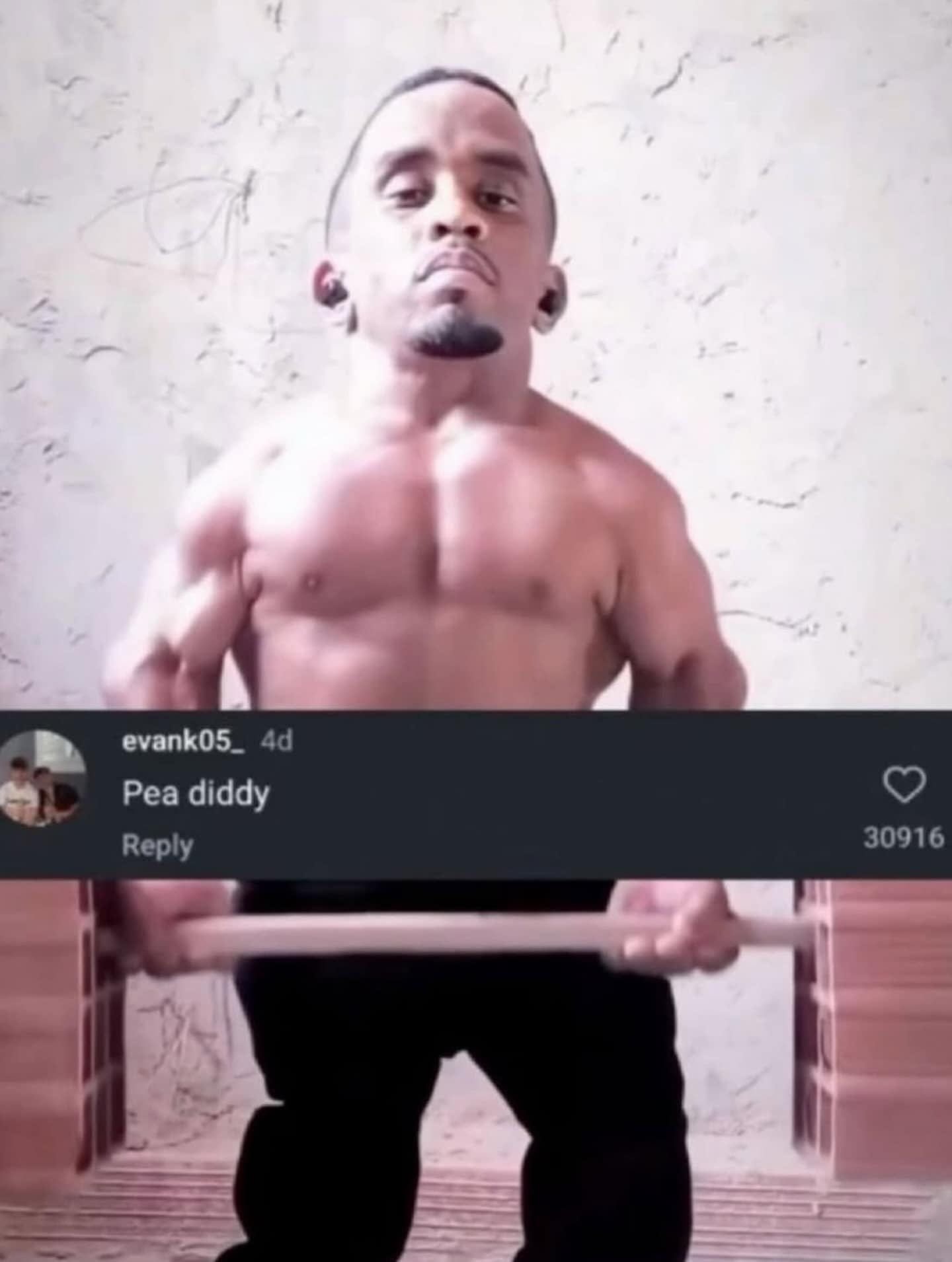 A cursed funny meme from a meme dump featuring a muscular little person who bears a striking resemblance to Sean "Diddy" Combs. An Instagram comment overlay simply reads "Pea diddy," garnering over 30,000 likes for the pun.