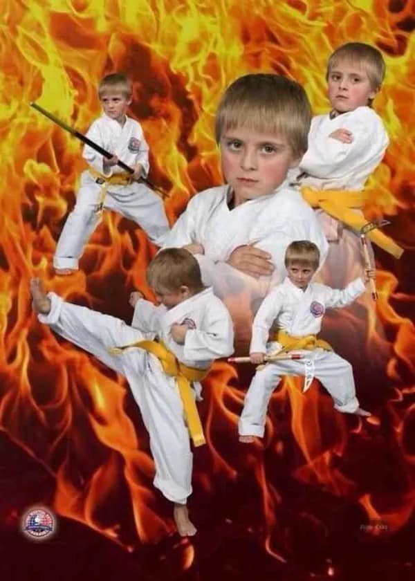 A hilarious meme from a meme dump featuring an intense martial arts collage of a young boy in a karate uniform with a yellow belt. He is shown in various action poses, including a high kick and holding a bo staff, all edited together against a dramatic background of roaring orange and yellow flames.