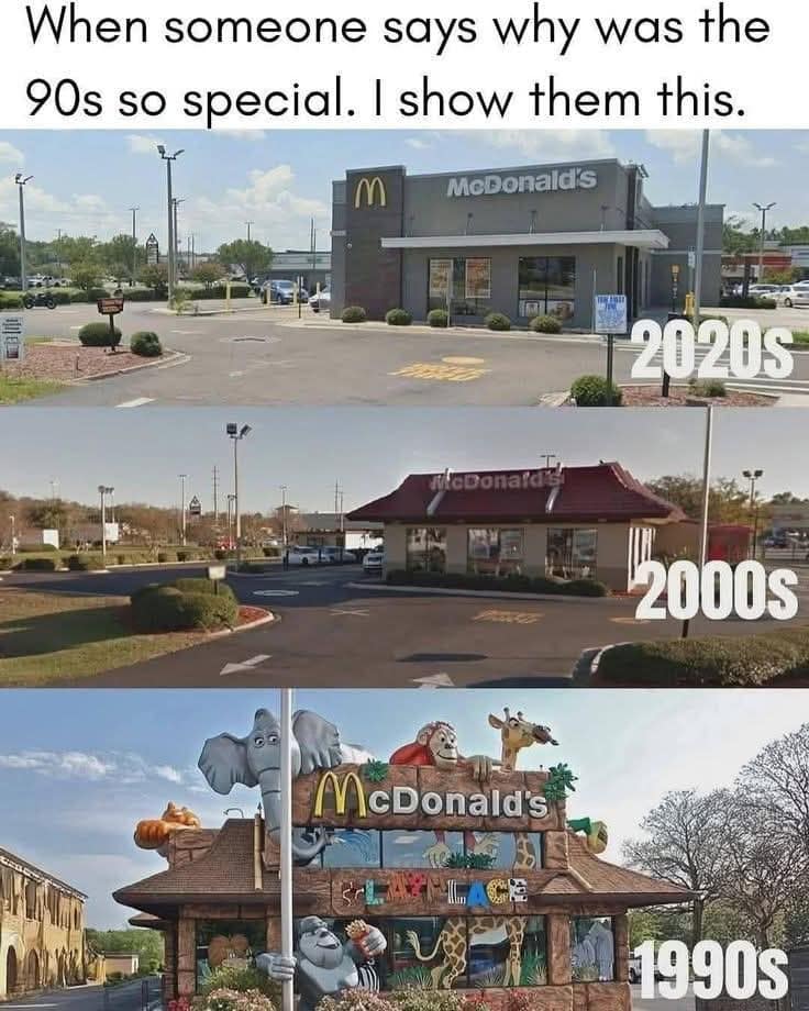 A nostalgic funny meme comparing three eras of McDonald's architecture. The 2020s version is a sterile, grey box; the 2000s is a classic red-roofed building; and the 1990s is a vibrant "PlayPlace" jungle with giant 3D animals like an elephant, gorilla, and giraffe climbing the roof.