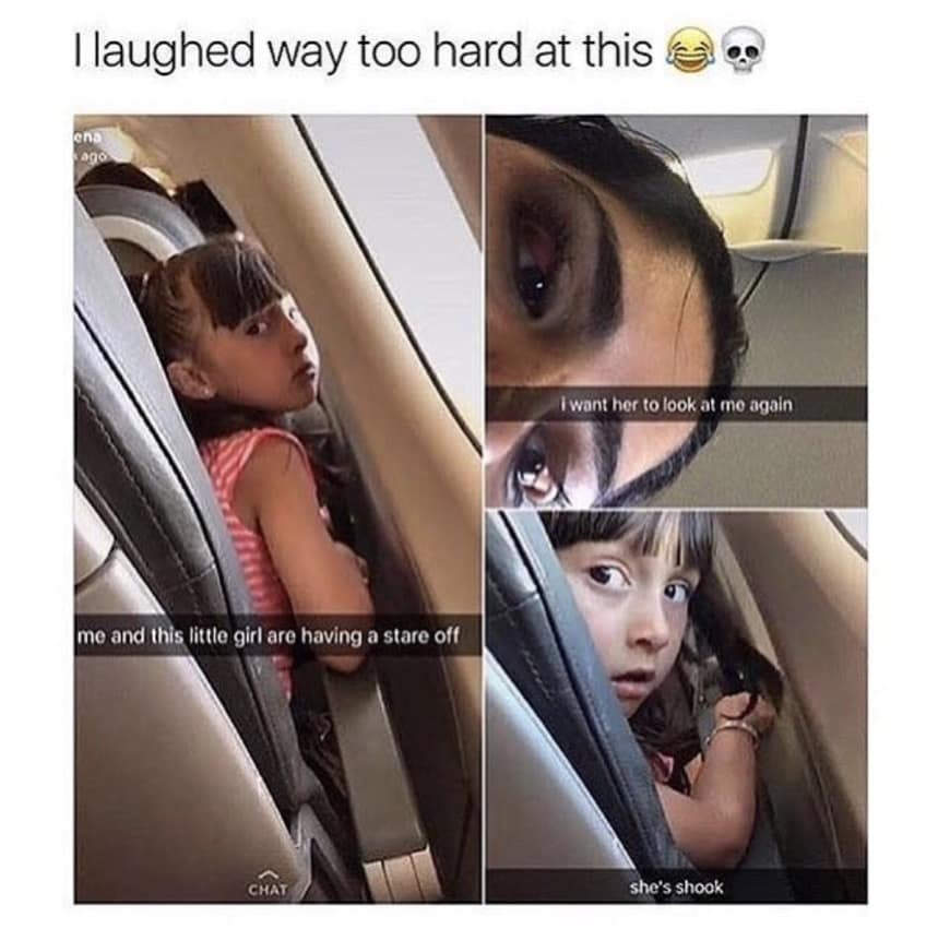 A hilarious meme told in three panels showing a "stare off" between a passenger and a young girl on a plane. The girl starts with a judging look and ends up completely "shook" as she realizes the adult is staring back at her.