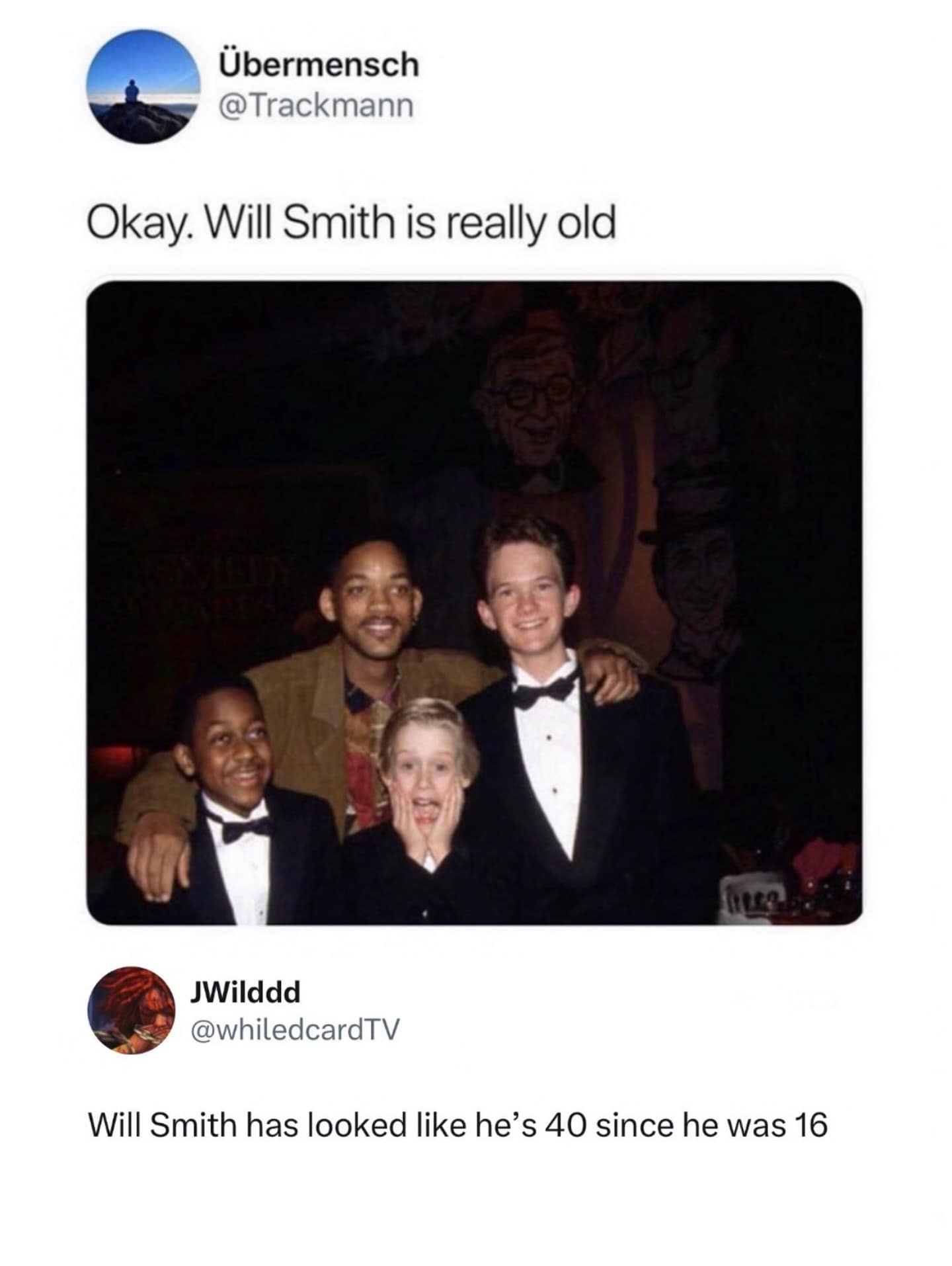 A mind-bending meme dump featuring a vintage photo of a young Will Smith with his arms around Jaleel White, Macaulay Culkin, and Neil Patrick Harris. The caption from JWilddd notes: "Will Smith has looked like he’s 40 since he was 16."