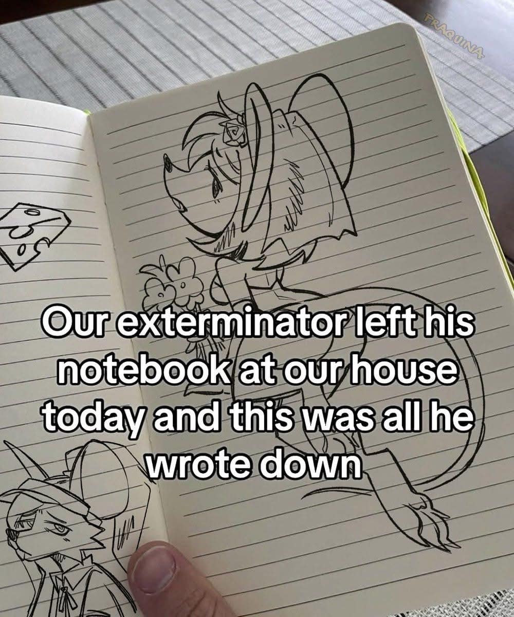 An unexpected discovery post showing an open notebook filled with high-quality, anime-style sketches of an anthropomorphic mouse girl in a dress holding flowers. The text claims this notebook was left behind by an exterminator, revealing his secret artistic talent.