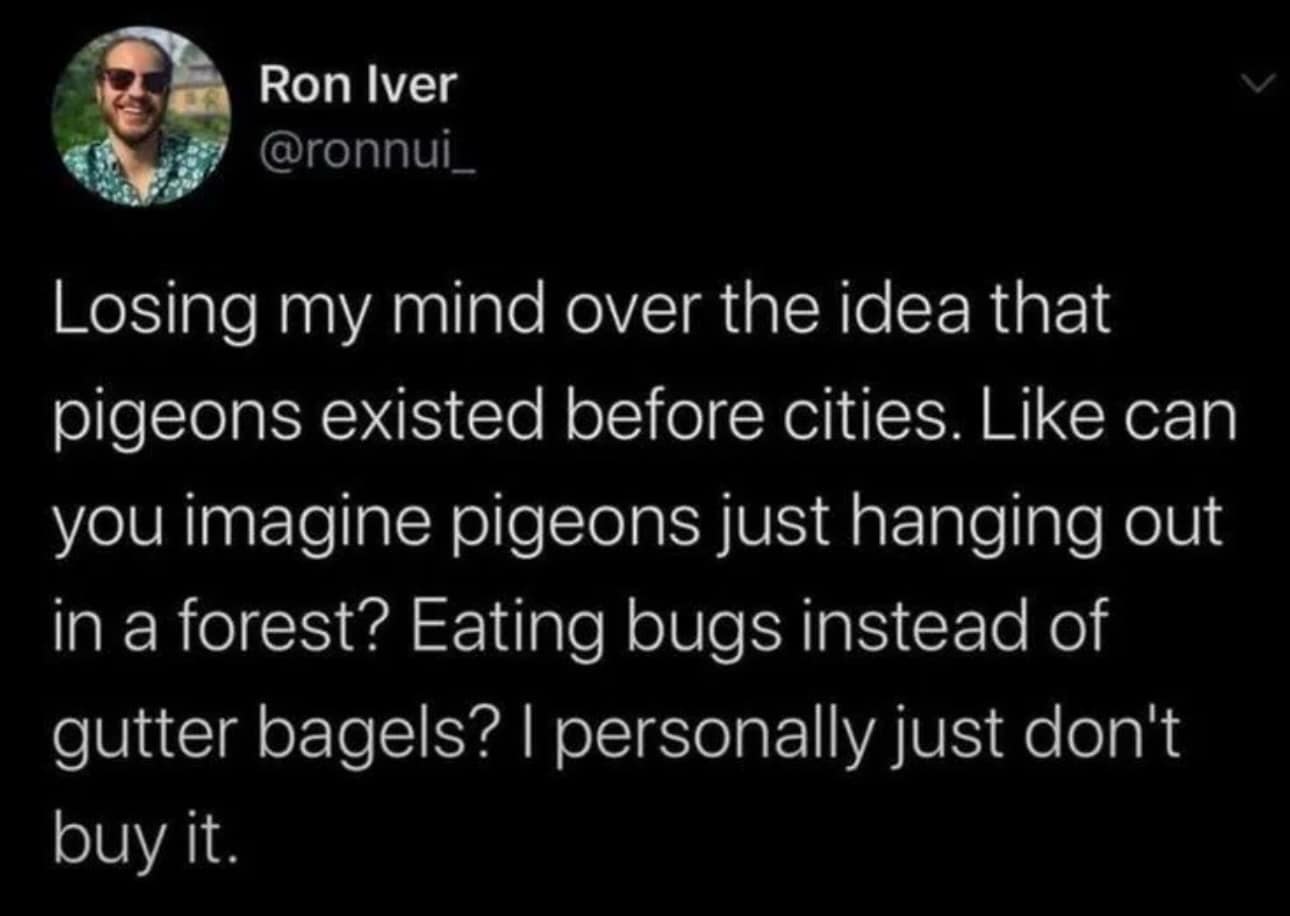 A text-based funny meme from Ron Iver questioning the history of nature. He describes "losing his mind" over the fact that pigeons existed before cities, struggling to imagine them living in forests and eating bugs instead of "gutter bagels."