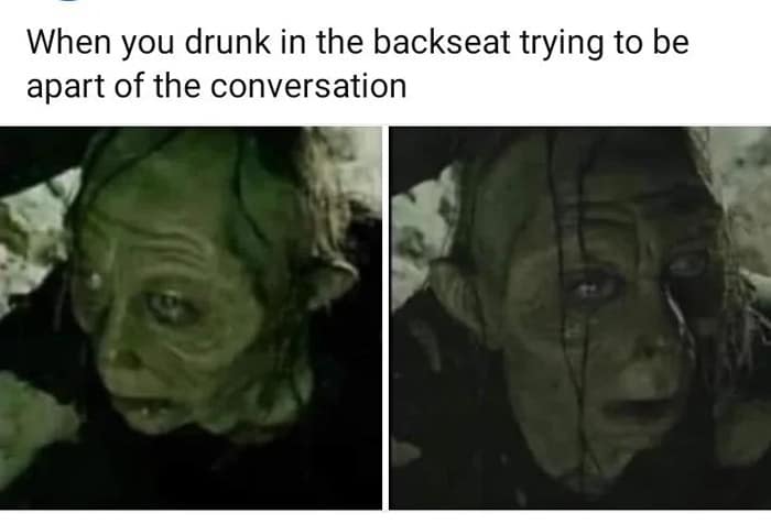This relatable hilarious meme features two panels of Gollum from Lord of the Rings leaning forward with a dazed, wide-eyed expression, perfectly capturing the struggle of trying to contribute to a car conversation while intoxicated in the back seat.