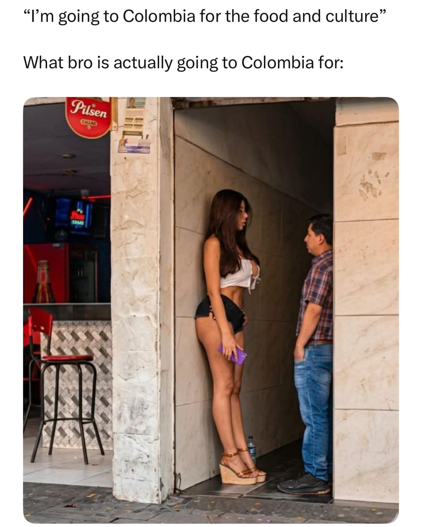 A cheeky meme dump entry about international travel. It contrasts a caption about going to Colombia for "food and culture" with a photo of a very curvy woman in a crop top standing next to a much shorter, wide-eyed man in a doorway.