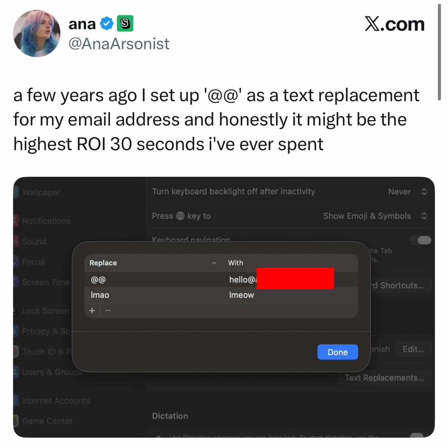 A screenshot of an Apple Settings screen for Text Replacements. The user has set "@@" to expand into their full email address for efficiency, but also humorously set "lmao" to replace with "lmeow."