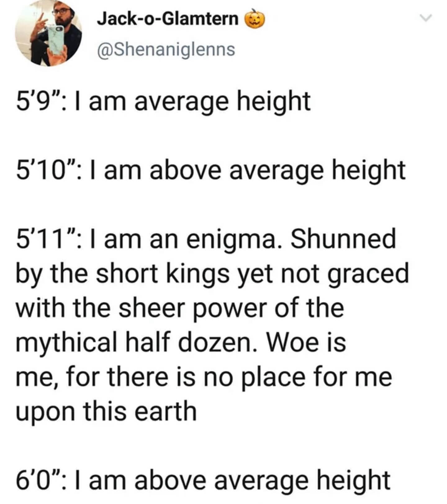 A social-critique meme dump regarding male height standards. It lists heights 5’9”, 5’10”, and 6’0” as "average" or "above average," while treating 5’11” as a tragic, poetic "enigma" that is shunned by both the short kings and the six-foot elite.