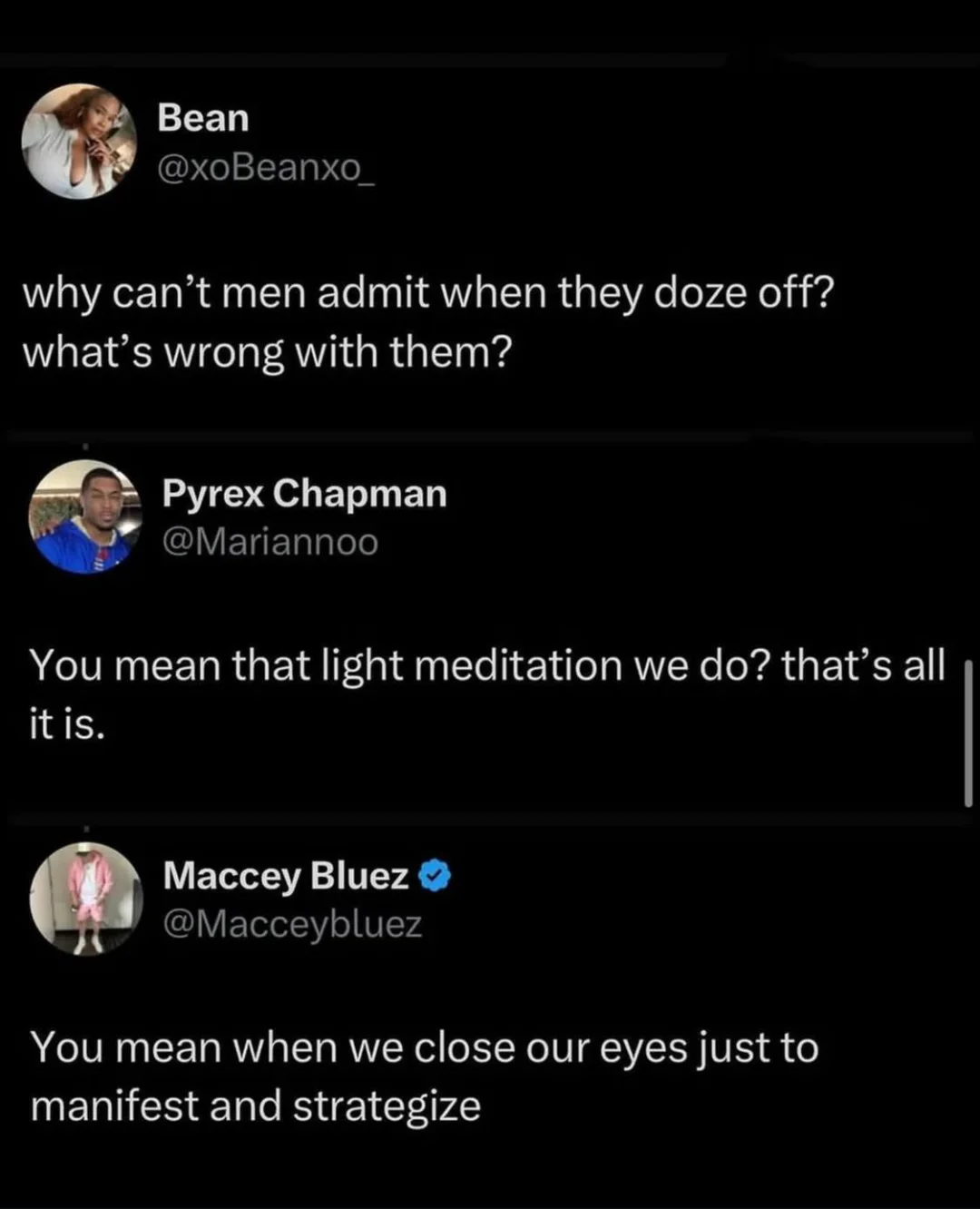 A black-themed text funny meme featuring a thread of men making excuses for falling asleep. They rebrand dozing off as "light meditation" or "closing our eyes just to manifest and strategize," turning an unintentional nap into a high-level corporate productivity move.