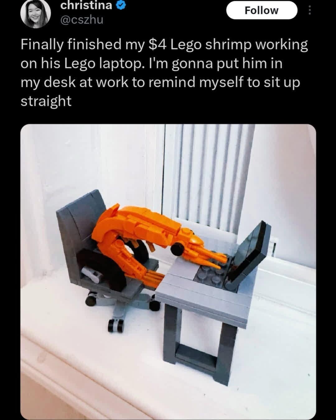 A relatable meme dump image of a small Lego shrimp sitting hunched over at a tiny Lego desk with a Lego laptop. The user explains they keep this orange crustacean on their real desk as a brutal reminder to fix their posture and stop "shrimping."