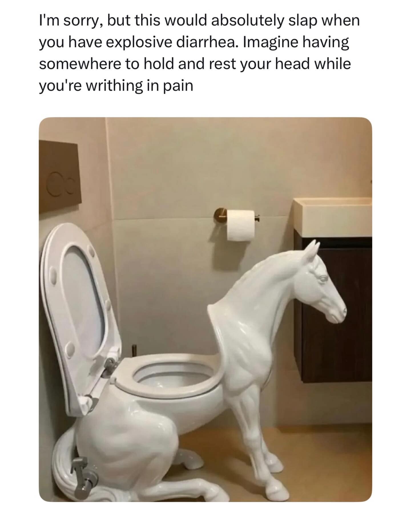 A bizarre piece of plumbing from a meme dump showing a custom white porcelain toilet shaped like a rearing horse. The horse's neck and head serve as a high-reaching handrest for the user. The text argues this is the perfect design for surviving a night of "explosive diarrhea."