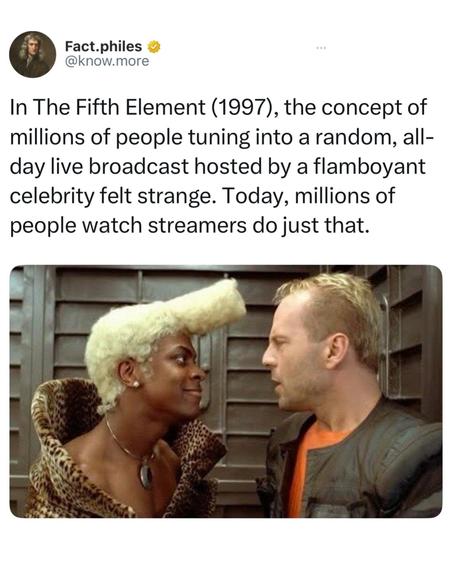 A movie trivia post comparing Chris Tucker’s flamboyant character Ruby Rhod from The Fifth Element to modern-day livestreamers. It notes how a character intended to feel "strange" in 1997 is now a daily reality for millions of viewers.