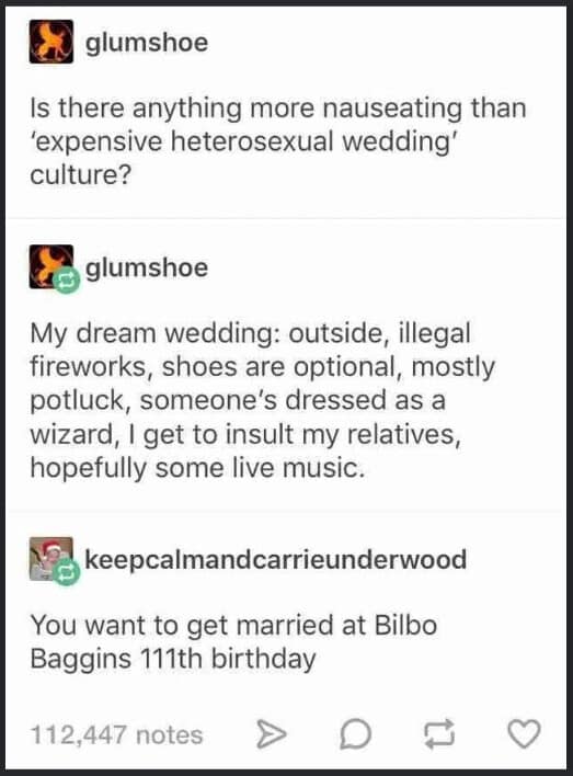 A classic Tumblr hilarious meme thread where a user describes their dream wedding involving illegal fireworks, optional shoes, and someone dressed as a wizard. The reply instantly identifies this not as a wedding, but as Bilbo Baggins’ 111th birthday party.