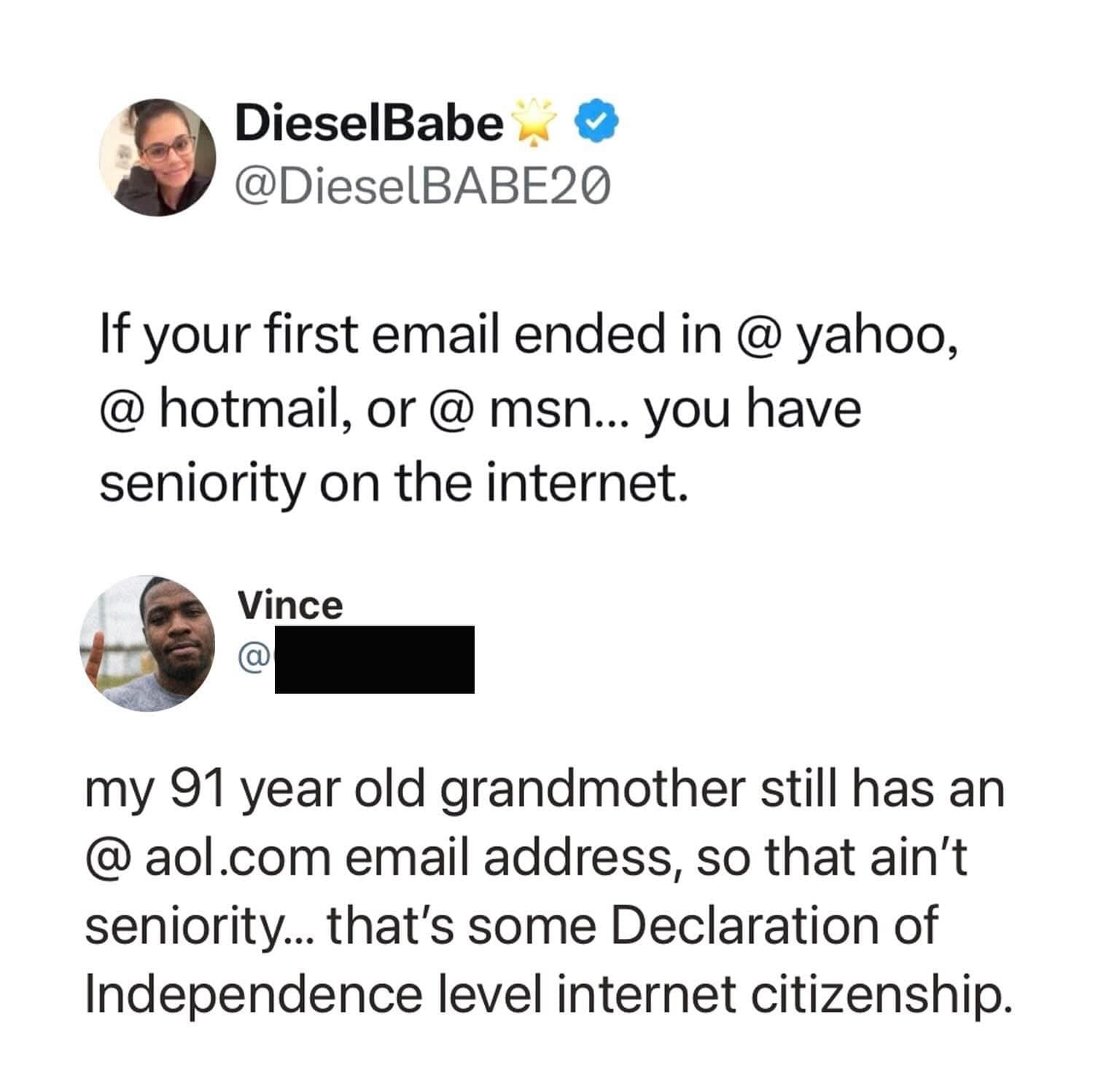 A social media thread about internet seniority. One user claims having a Yahoo or Hotmail address gives you "seniority," but another counters that their 91-year-old grandmother’s AOL address is "Declaration of Independence level internet citizenship."
