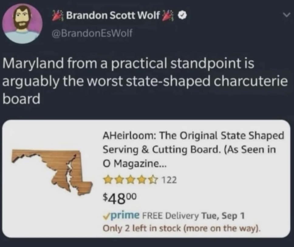 A funny meme featuring an Amazon product screenshot of a Maryland-shaped cutting board. The tweet points out that Maryland’s jagged, thin geography makes it the most impractical shape possible for a charcuterie board.