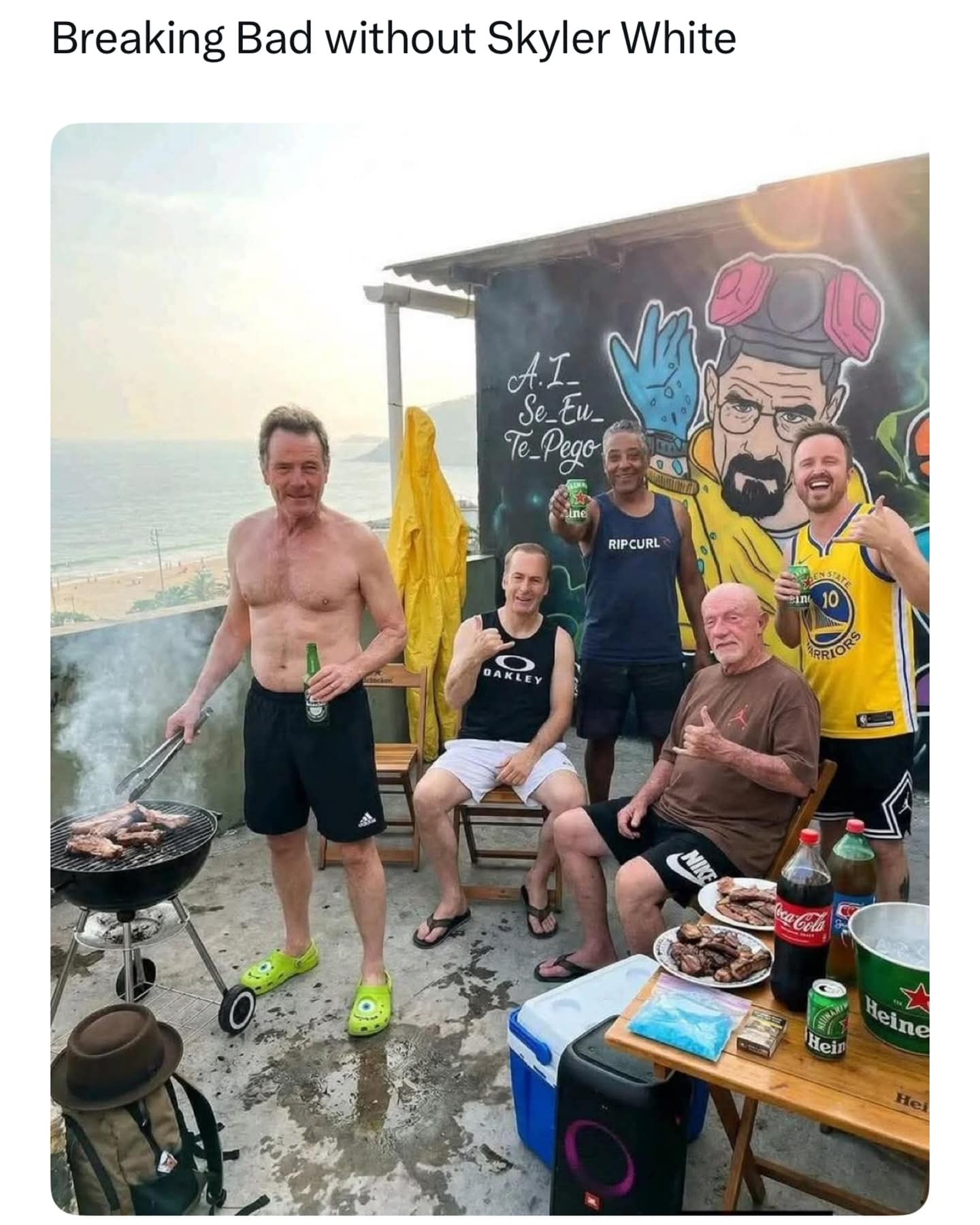 A "bro-culture" funny meme featuring the cast of Breaking Bad (Bryan Cranston, Aaron Paul, Bob Odenkirk, Jonathan Banks, and Giancarlo Esposito) relaxing at a rooftop BBQ. Bryan Cranston is shirtless at the grill, captioned: "Breaking Bad without Skyler White."