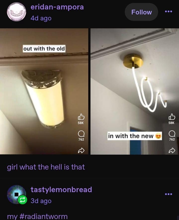 A home renovation hilarious meme shows the transition from a dated fluorescent light fixture to a squiggly LED tube, which a commenter affectionately dubs a radiant worm.