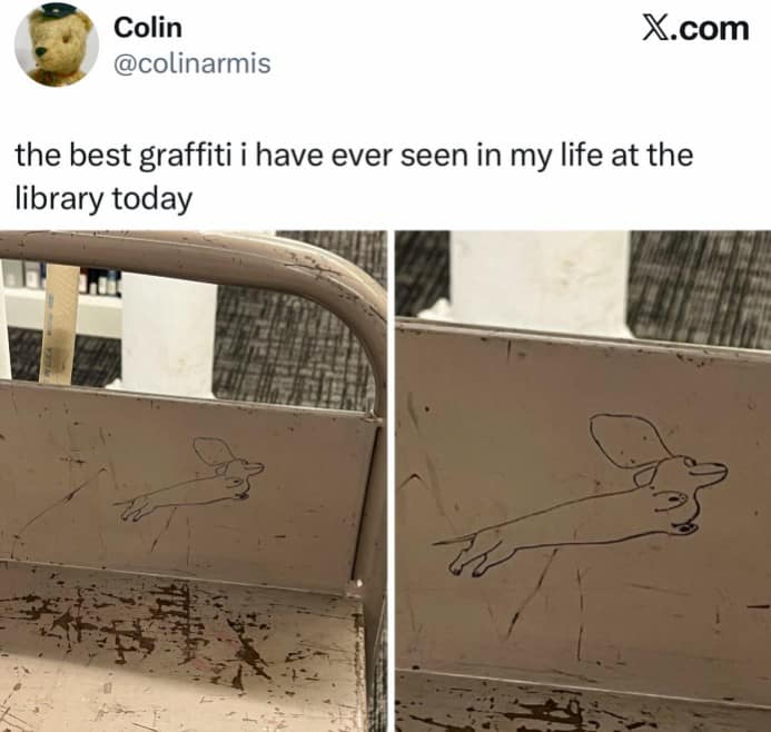Two photos showing a simple but perfect line-art graffiti drawing on a beige metal divider at a library. It depicts a long-bodied dachshund with its ears flapping as if it is in mid-flight or a joyful leap.
