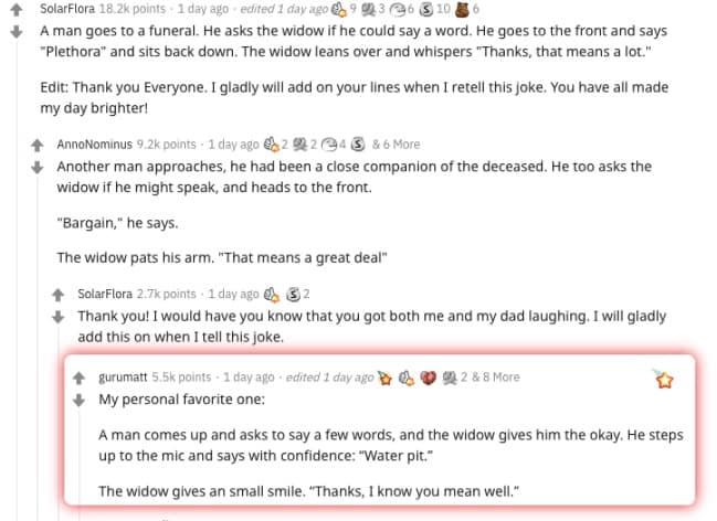 screenshot of a legendary Reddit comment thread featuring high-tier dad jokes at a funeral. One man says "Plethora" (the widow replies "Thanks, that means a lot"), another says "Bargain" ("That means a great deal"), and the final pun is "Water pit" ("Thanks, I know you mean well").