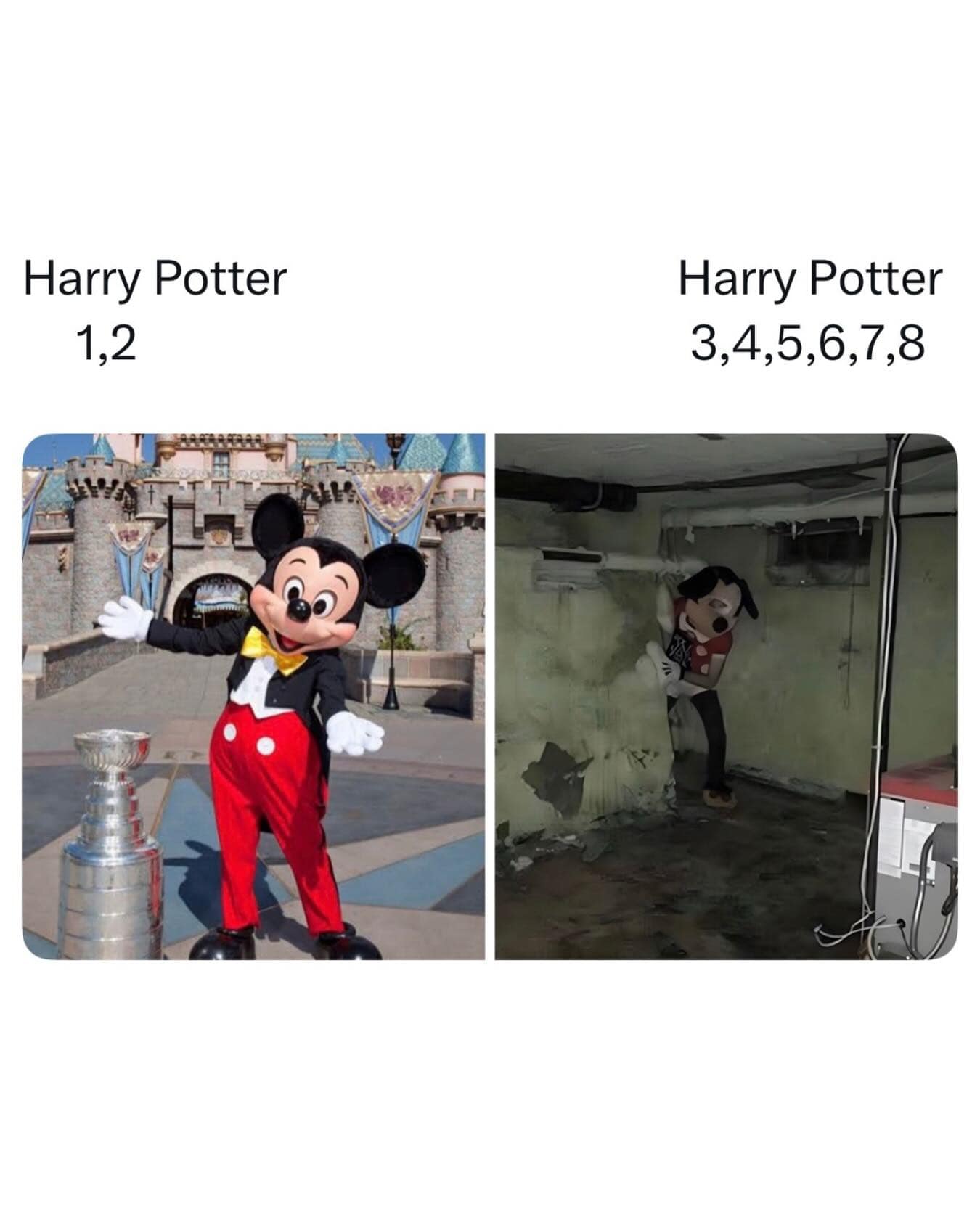 A "Vibe Shift" funny meme about the Harry Potter film franchise. It uses a cheerful Mickey Mouse at Disneyland to represent the whimsical first two films, contrasted with a terrifying, mask-wearing figure in a dark basement to represent the gritty tonal shift of movies 3 through 8.