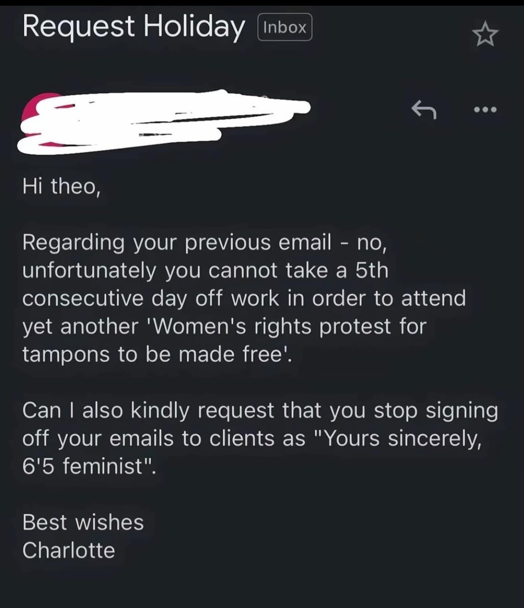 A screenshot of a professional email from "Charlotte" to "theo." She denies his 5th consecutive day off for a women's rights protest and begs him to stop signing his client emails as "Yours sincerely, 6'5 feminist."