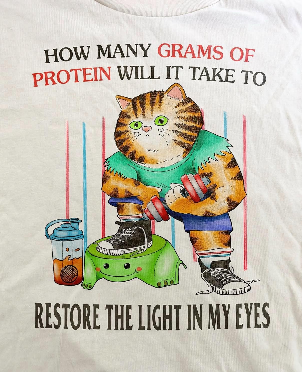 A peak "gym-existentialist" meme dump t-shirt design. It features a muscular, grumpy-looking cat in gym gear lifting a dumbbell while standing on a frog stool. The text reads: "HOW MANY GRAMS OF PROTEIN WILL IT TAKE TO RESTORE THE LIGHT IN MY EYES."