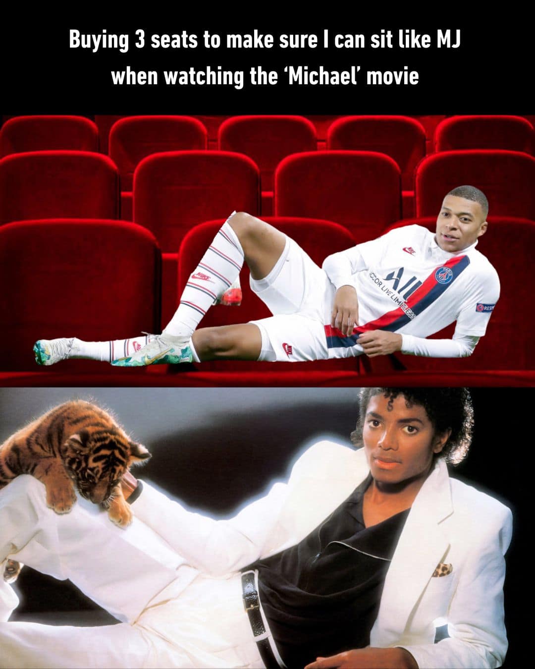 A two-panel comparison meme showing soccer star Kylian Mbappé reclining across several movie theater seats. The image is mirrored with Michael Jackson’s famous reclining pose with a tiger cub, captioned with the intent to "sit like MJ" during the biopic.