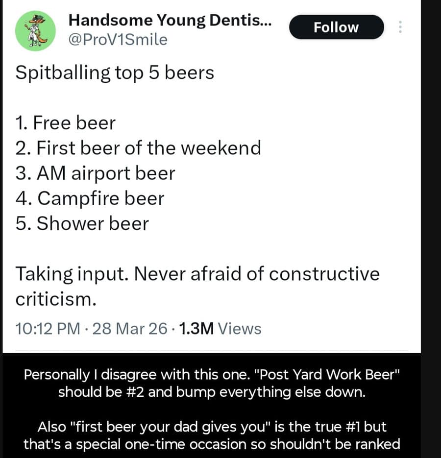 One of those funny memes that prioritizes the "vibes" of a drink over the flavor, listing the Top 5 Beers. "Free beer" takes the #1 spot, followed by the "AM airport beer" and "shower beer." A highlighted comment argues that "post yard work beer" should be ranked higher.