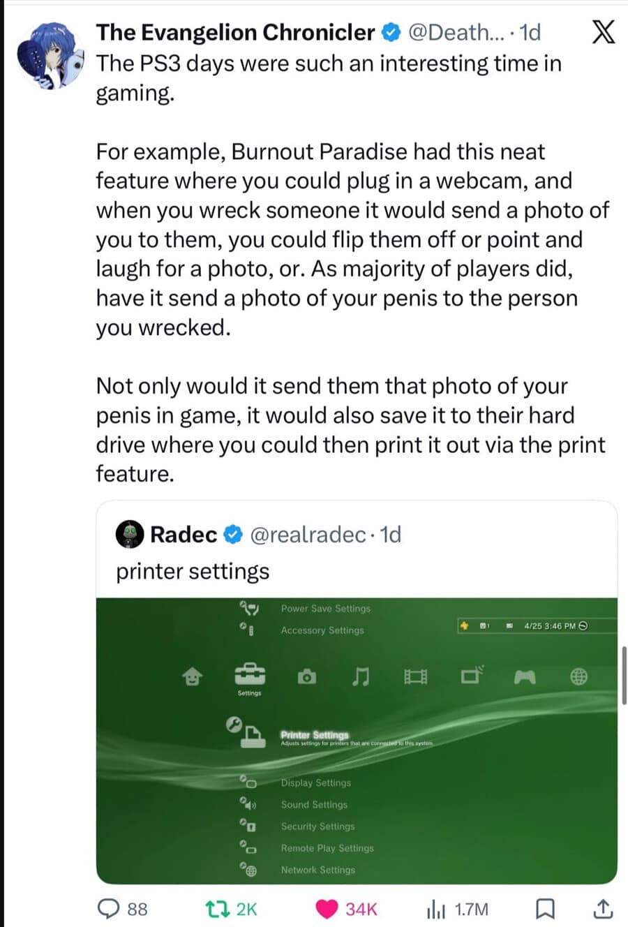 A hilarious meme detailing a legendary (and likely fabricated) gaming feature from the PS3 era. The text claims Burnout Paradise allowed players to send webcam photos to opponents they wrecked, saving them to the recipient's hard drive to be printed via the actual "Printer Settings" menu shown on the green console dashboard.