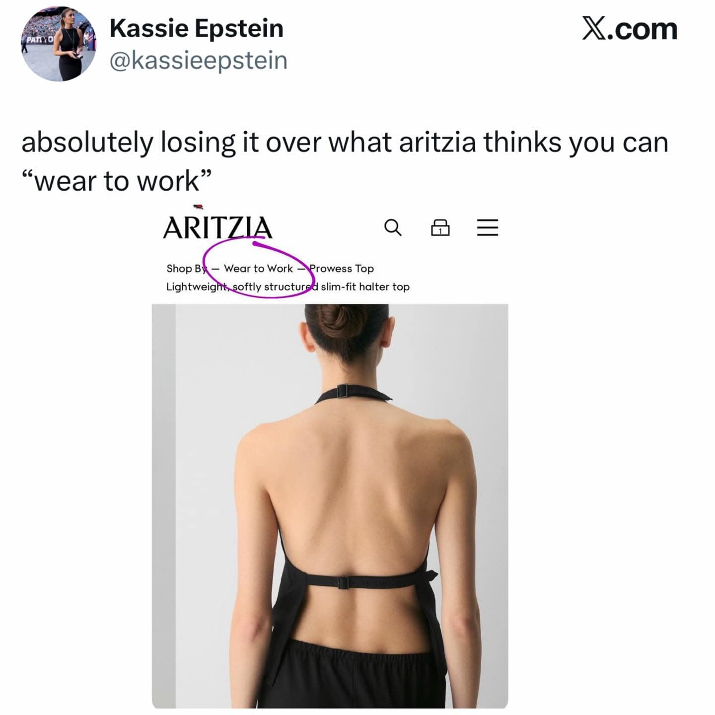 A meme dump entry featuring a tweet that mocks the fashion brand Aritzia. The image shows a product page for a "Prowess Top" categorized under "Wear to Work," despite the shirt being almost entirely backless with only thin straps holding it together.