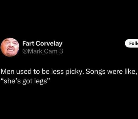 text-based funny meme from a meme dump featuring a tweet by "Fart Corvelay." The post observes that men used to be far less picky, noting that classic songs had lyrics as simple as "she's got legs."
