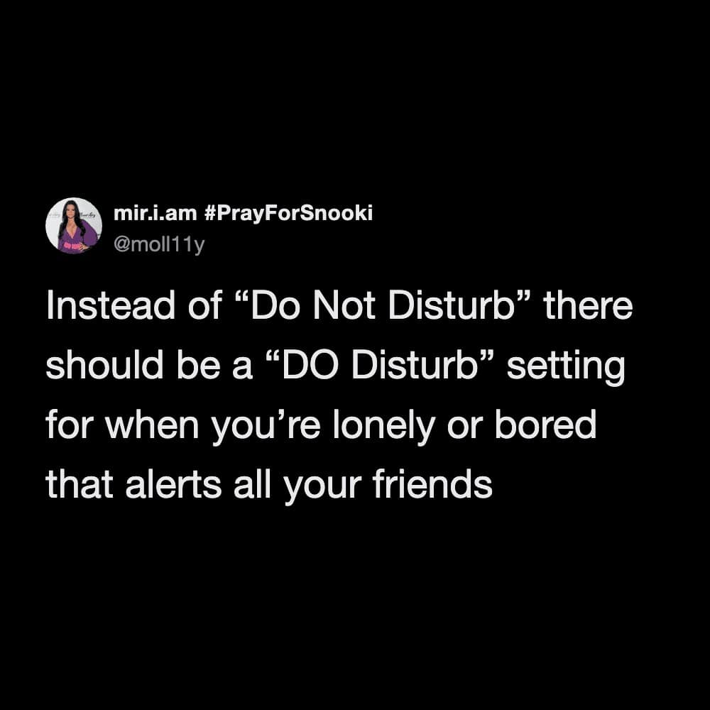 meme dump entry featuring a tweet that proposes a new smartphone feature. Instead of "Do Not Disturb," the user suggests a "DO Disturb" setting for when you're feeling lonely or bored and want a broadcast alert sent to all your friends.