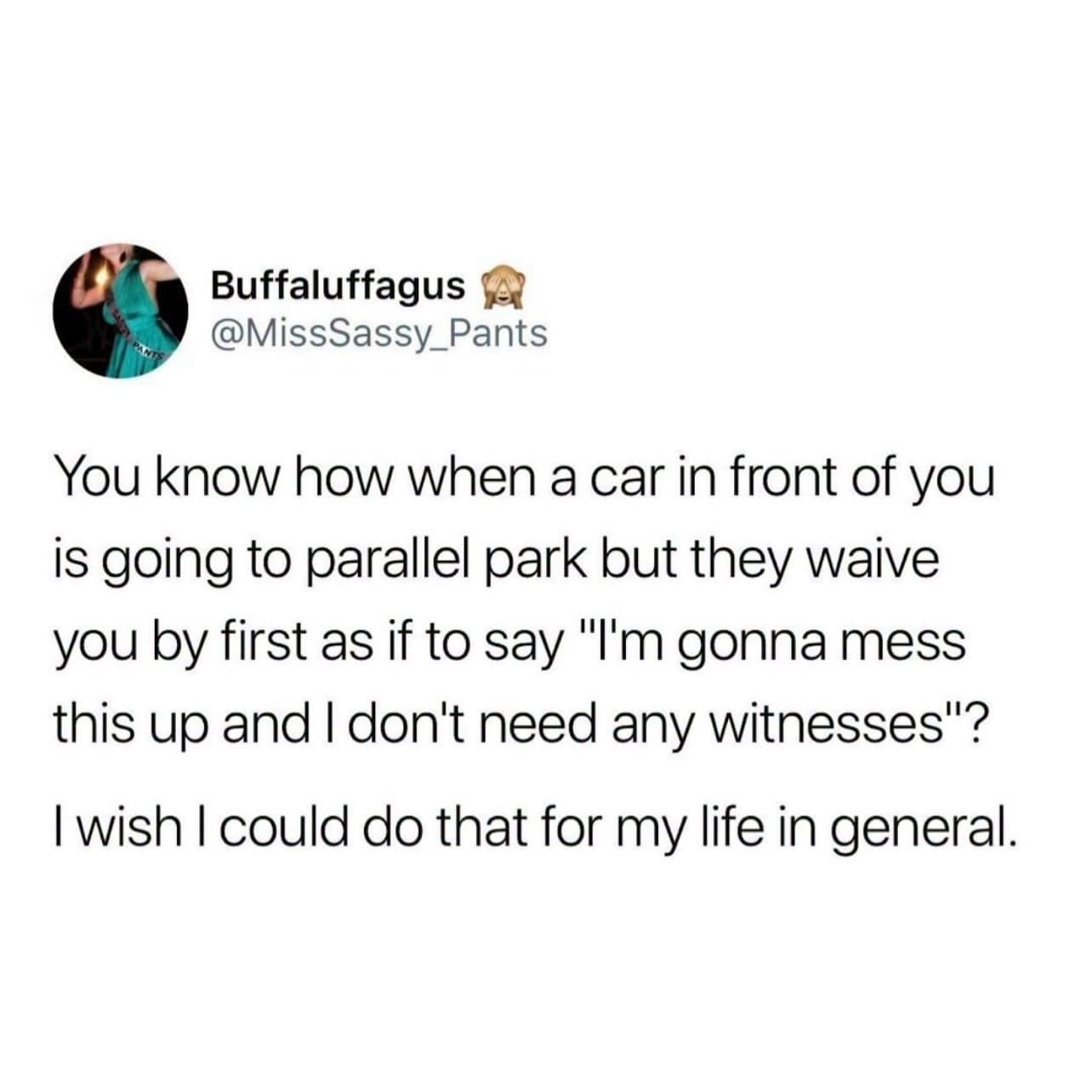A text-based relatable meme dump entry. User Buffaluffagus describes the specific social anxiety of a driver waving you past before they parallel park, essentially saying they plan to mess it up and don't want witnesses. The poster concludes they wish they could do that for their entire life.