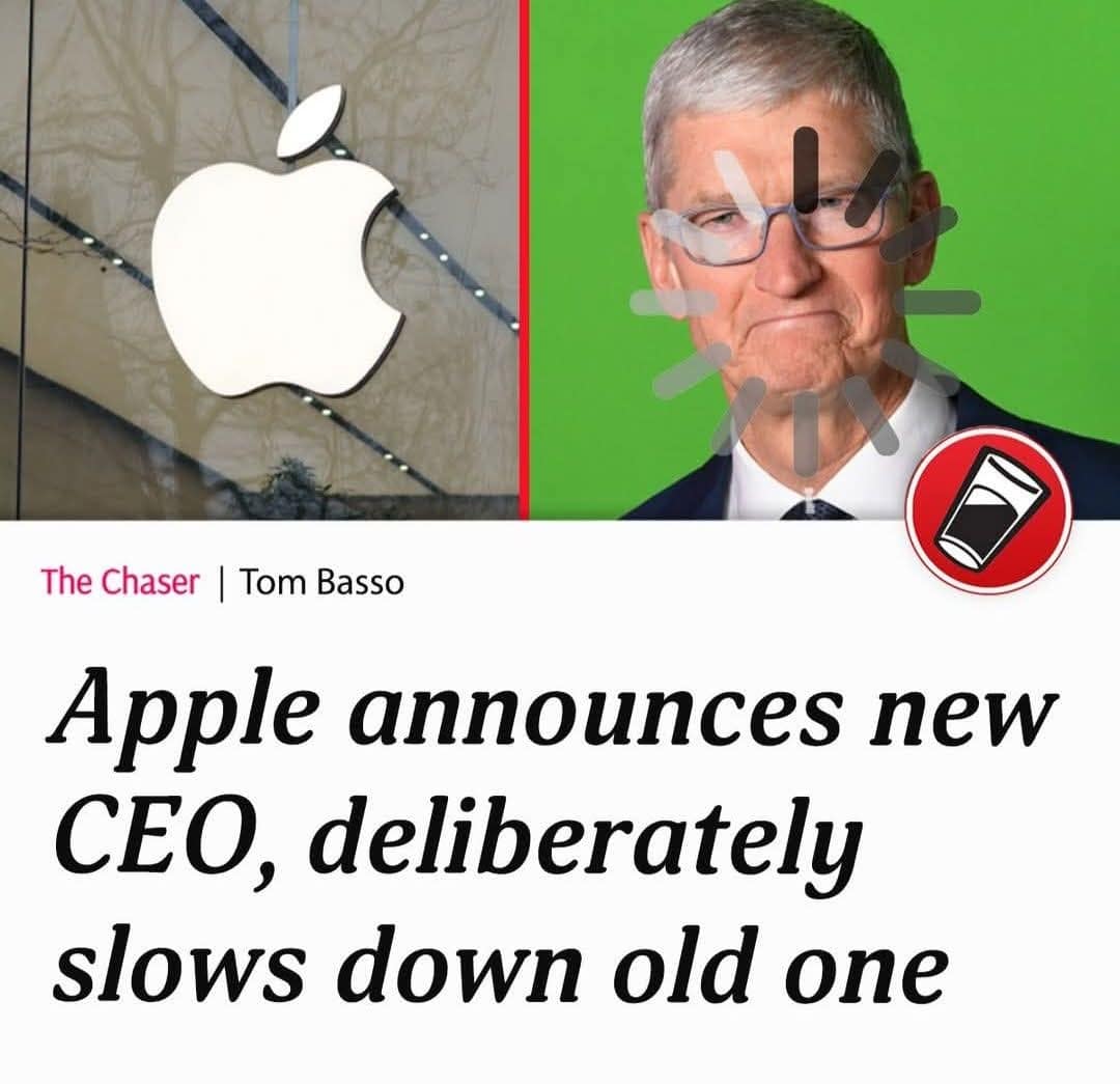 A biting satirical news headline from The Chaser featuring a photo of Apple CEO Tim Cook with a digital loading wheel spinning over his glasses. The headline reads: "Apple announces new CEO, deliberately slows down old one," mocking the company's "batterygate" performance throttling.