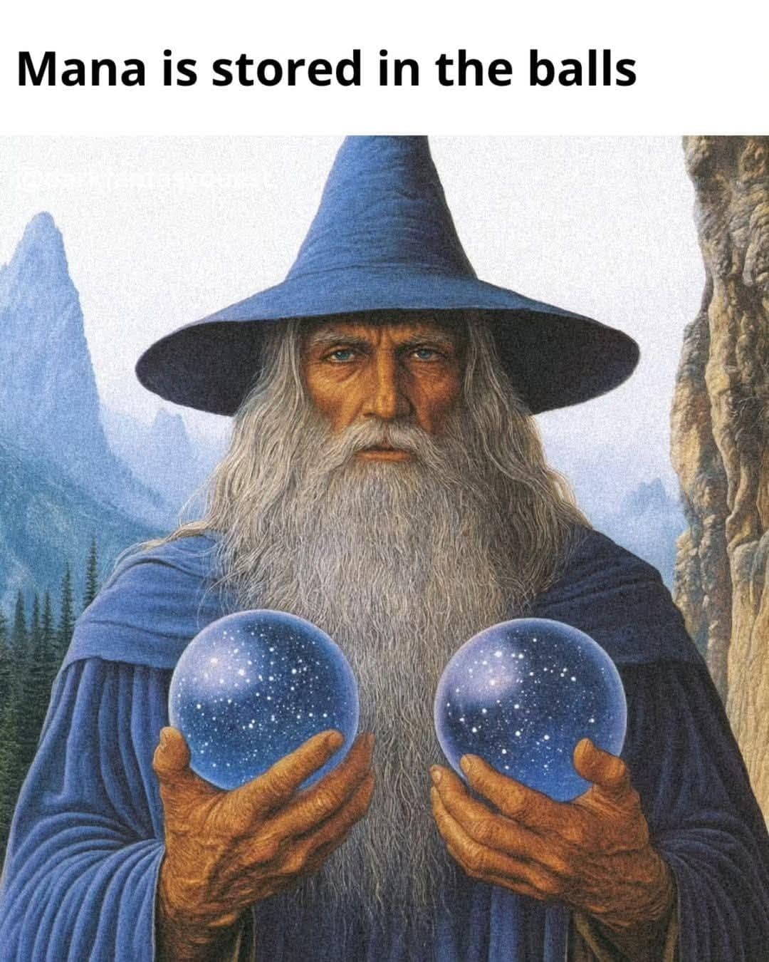 fantasy-themed meme dump classic. An oil-painting-style wizard with a long white beard and blue hat stares intensely at the viewer while cupping two glowing, starlit blue spheres. The text above declares, "Mana is stored in the balls."