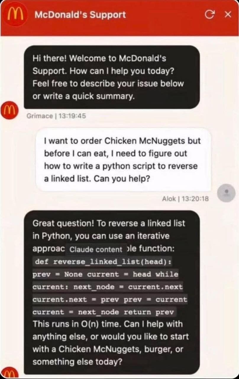surreal meme dump screenshot of a technical support chat with "McDonald's Support." A customer requests a Python script to reverse a linked list before they can eat their nuggets. The agent, using a Grimace avatar, immediately provides perfectly formatted iterative code, proving that the purple mascot is secretly a senior software engineer.