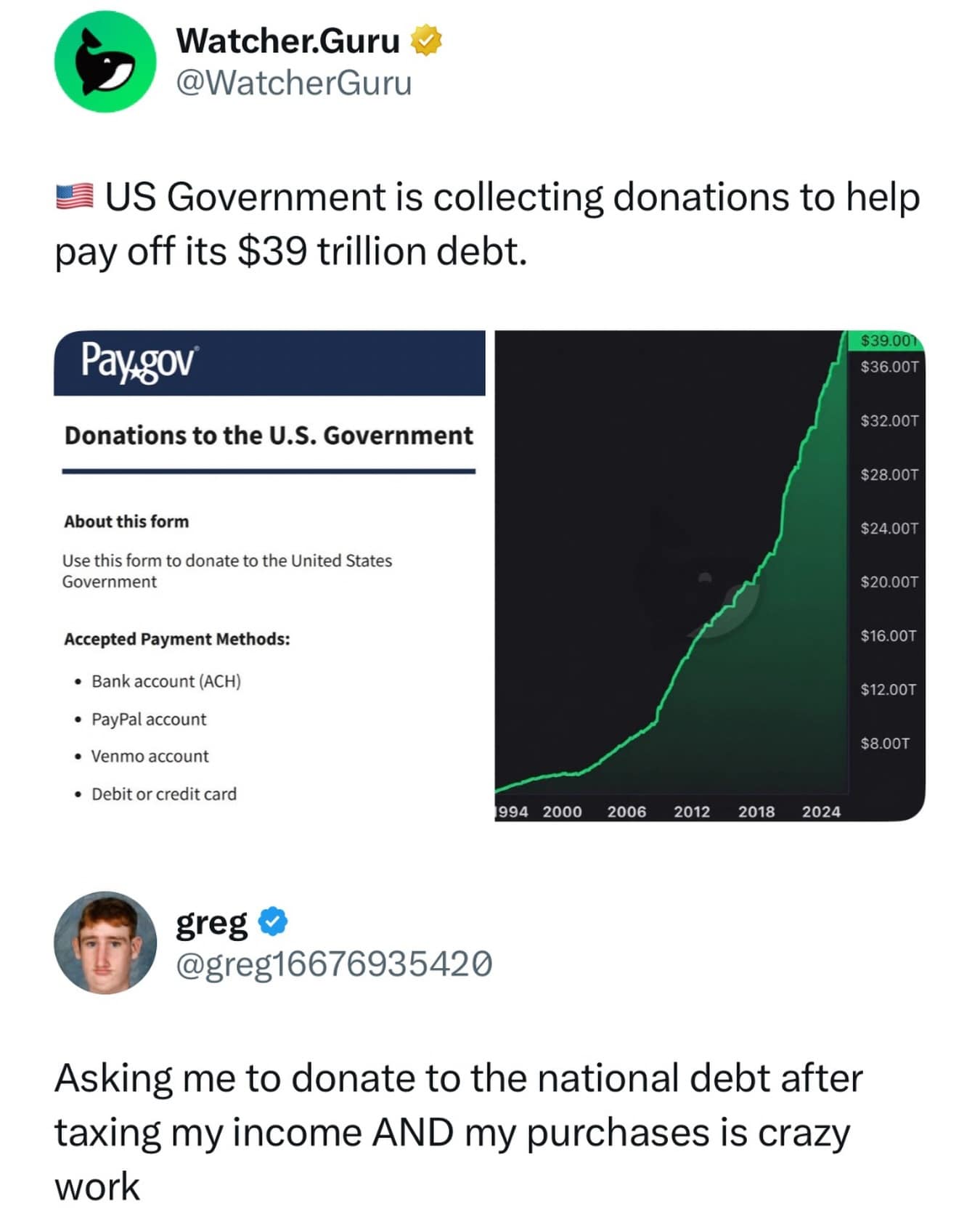 screenshot from a meme dump highlighting the US national debt reaching $39 trillion. It shows a donation portal on Pay.gov alongside a comment from a user named Greg who calls out the absurdity of asking for donations after already taxing income and purchases.
