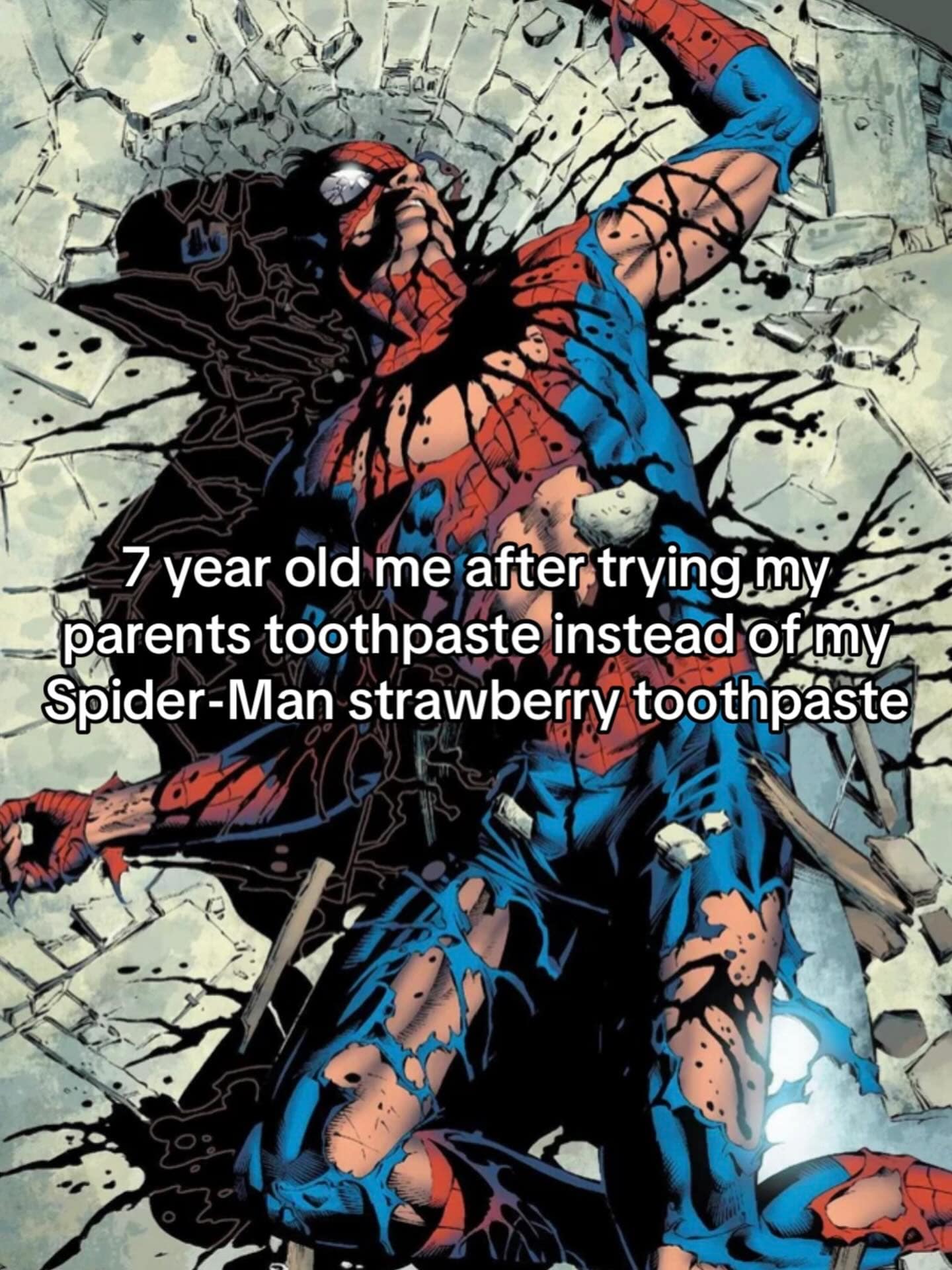An intense comic book panel of a battered, disintegrating Spider-Man serves as a hilarious meme about childhood sensory trauma. The text relates his physical agony to the experience of a 7-year-old trying spicy adult mint toothpaste for the first time instead of the standard strawberry flavor.
