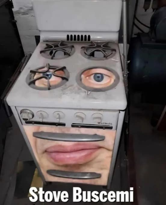 A quintessential cursed image from this hilarious meme collection titled "Stove Buscemi." It features a dirty vintage stove where Steve Buscemi’s iconic eyes have been photoshopped over the burners and his mouth over the oven door.