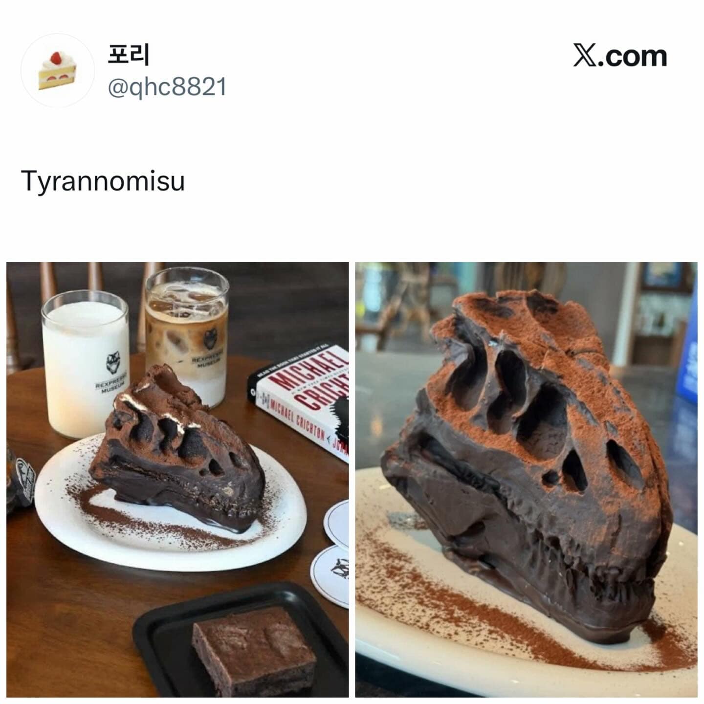 A high-quality culinary meme dump post showcasing "Tyrannomisu." The images display an incredibly detailed chocolate tiramisu sculpted into the shape of a T-Rex fossil skull, complete with cocoa powder "dirt" and a Michael Crichton novel in the background.