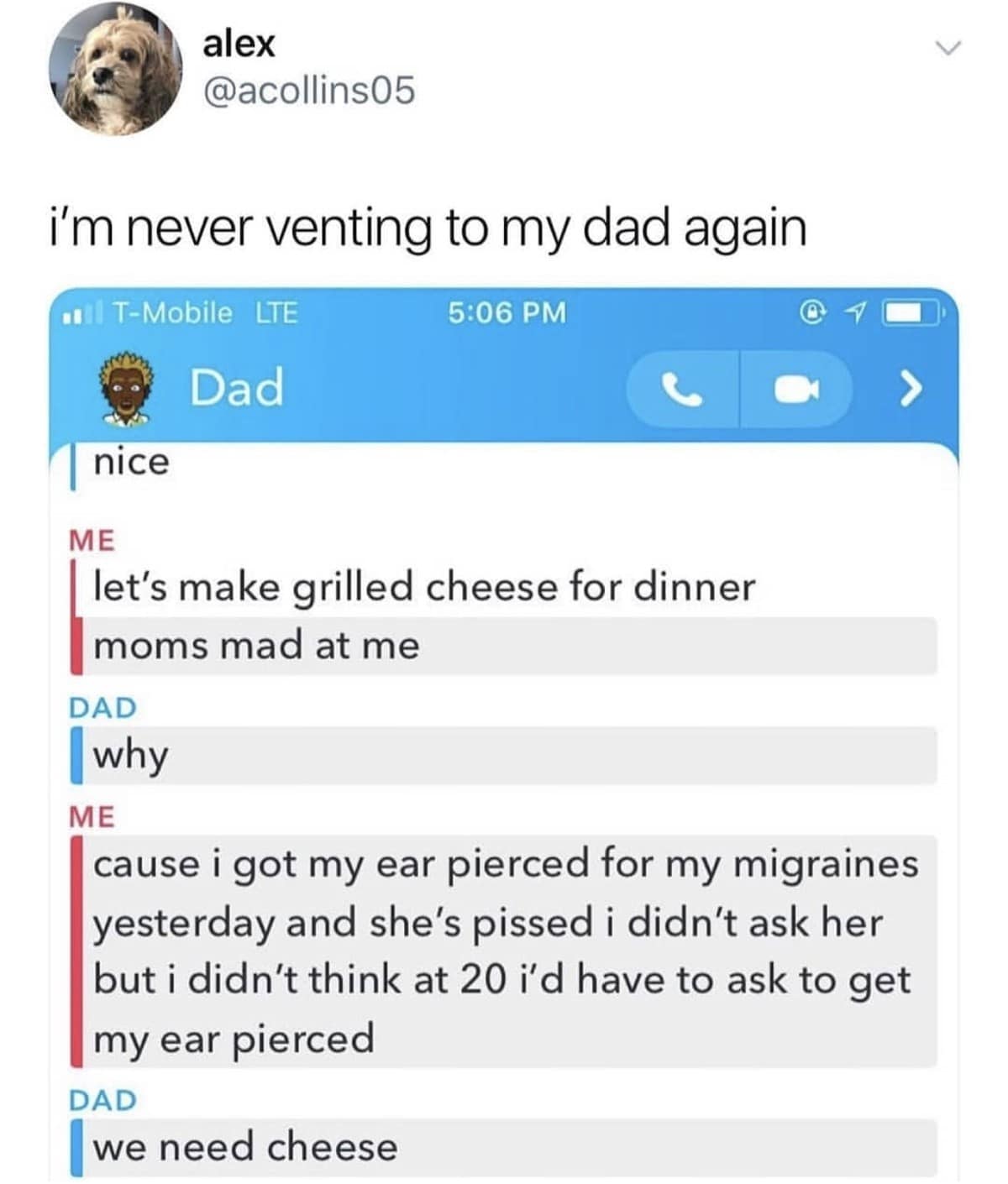 A relatable meme dump screenshot of a text exchange with a dad. While the user vents about an argument with their mom over a new ear piercing, the dad stays perfectly on-mission, ignoring the drama to send a follow-up text: "we need cheese."