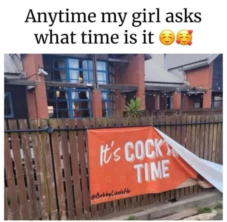 A hilarious meme featuring an accidental sign fail. A banner on a wooden fence meant to say "It's COCKTAIL TIME" has its end folded back so that it now reads "It's C*CK TIME." The top text jokes, "Anytime my girl asks what time is it."