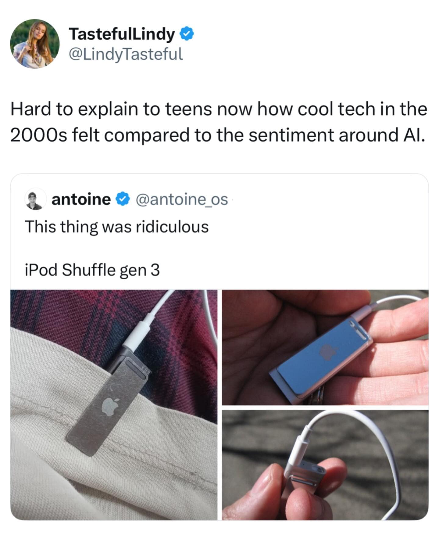 A nostalgic tech post featured in this meme dump showcases the sleek, buttonless design of the iPod Shuffle 3rd Generation. The text reflects on how cool tech felt in the 2000s compared to the mixed sentiments surrounding modern AI developments.