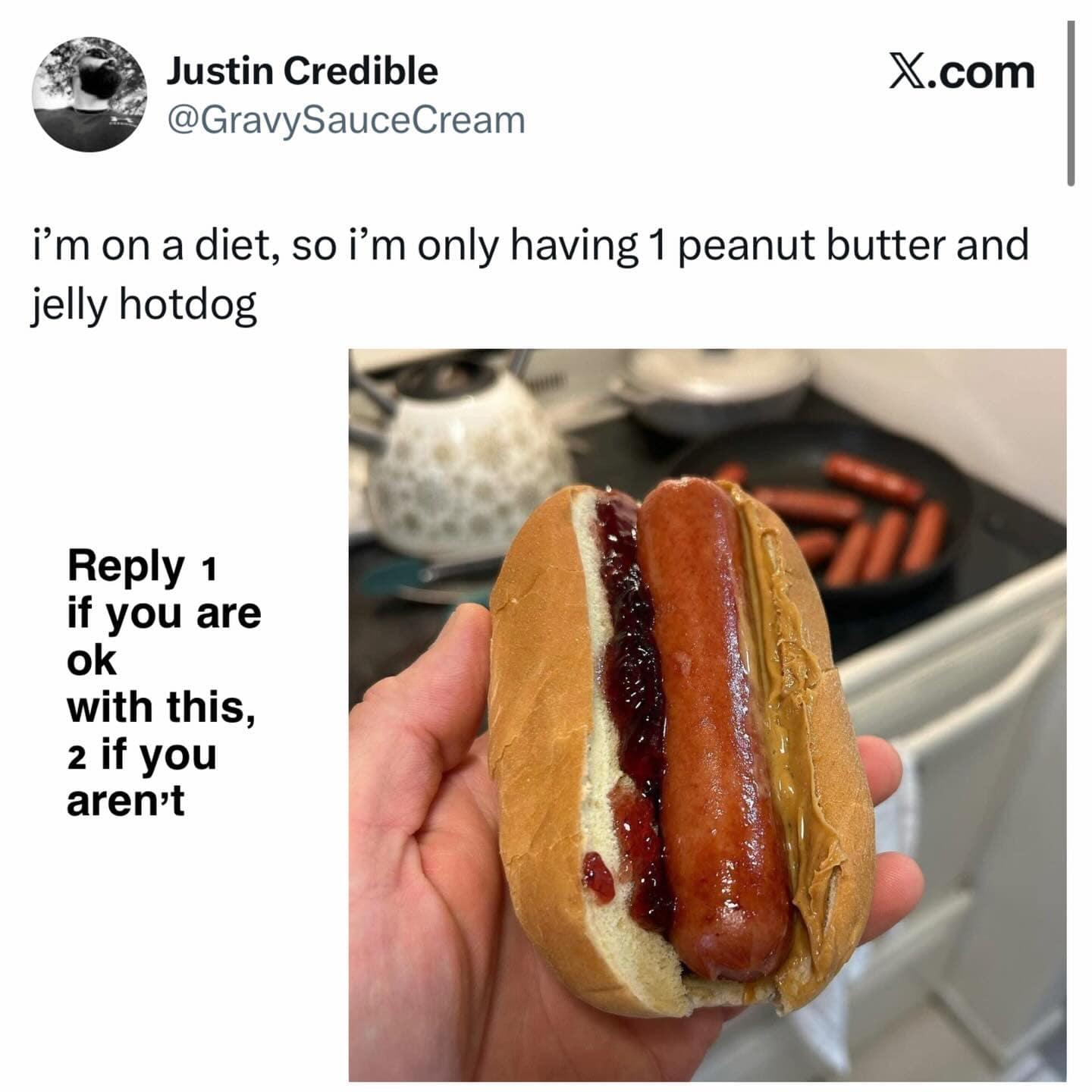 cursed food funny meme from @GravySauceCream featuring a close-up of a hotdog bun containing a frankfurter slathered in thick peanut butter and dark grape jelly. The caption reads: "i’m on a diet, so i’m only having 1 peanut butter and jelly hotdog."