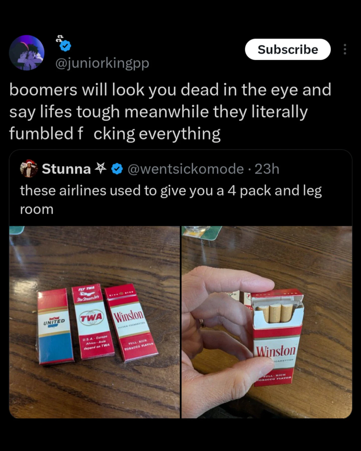 A generational call-out tweet featuring vintage photos of tiny 4-pack cigarette cartons (United, TWA, Winston) that airlines used to give away for free. The caption argues that Boomers claim life is tough despite coming from an era where free perks and ample leg room were the standard.
