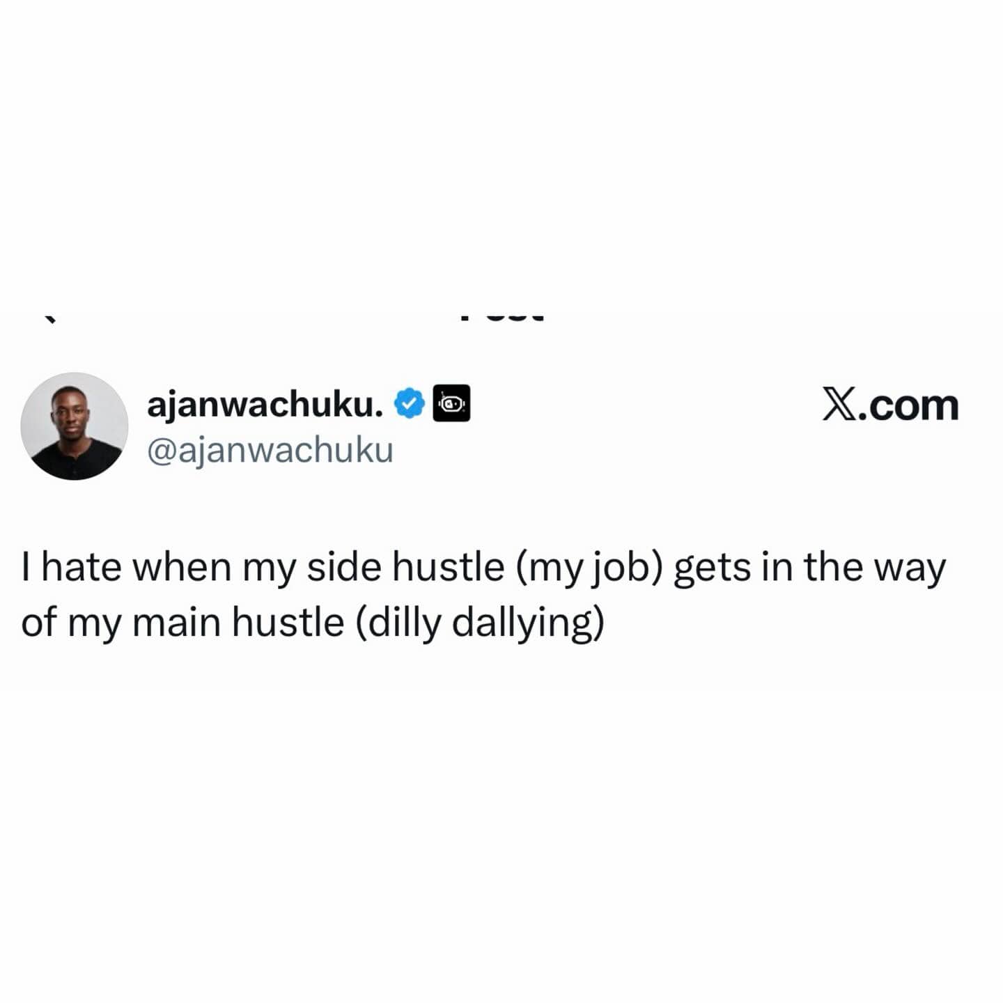 funny meme in a tweet format that redefines modern work-life balance. The user states they hate when their "side hustle" (their actual full-time job) gets in the way of their "main hustle" (dilly dallying).