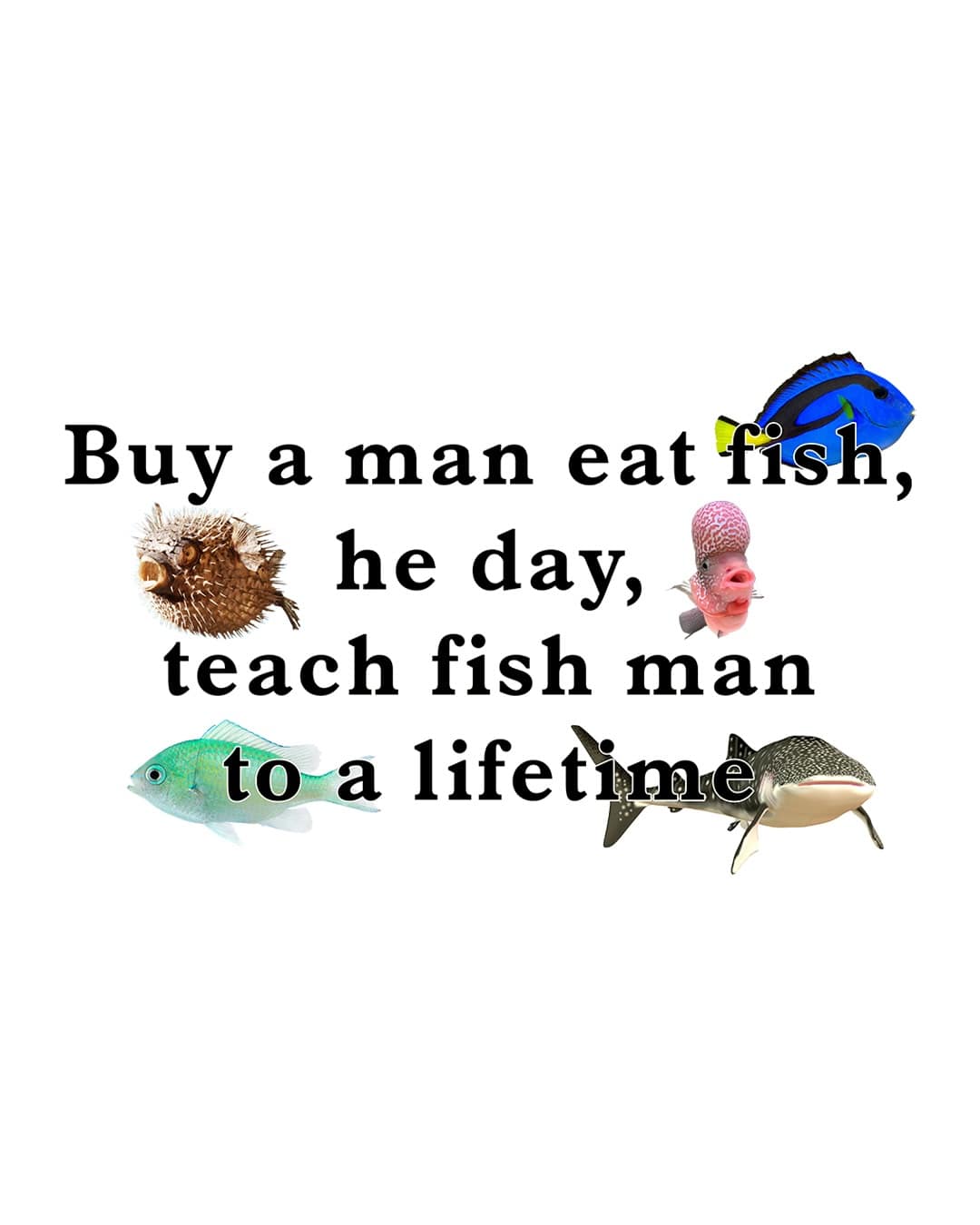 A surreal and nonsensical word-salad meme dump graphic. Against a white background with various fish clip-art, the text reads: "Buy a man eat fish, he day, teach fish man to a lifetime," intentionally mangling the famous proverb about teaching a man to fish.