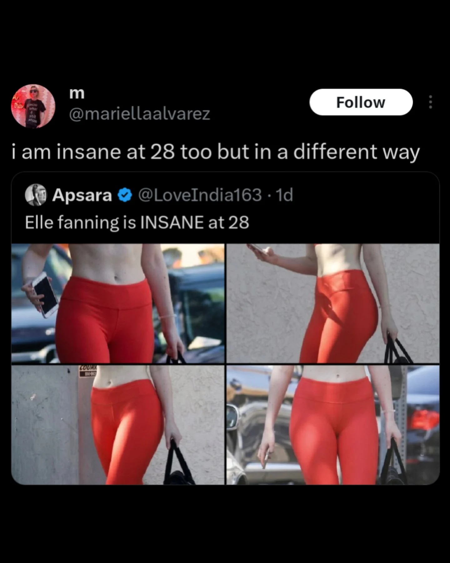 A quote tweet from @mariellaalvarez reacting to a tabloid post about Elle Fanning being "INSANE at 28." The user contrasts Fanning's fitness photos with her own reality, stating, "i am insane at 28 too but in a different way."
