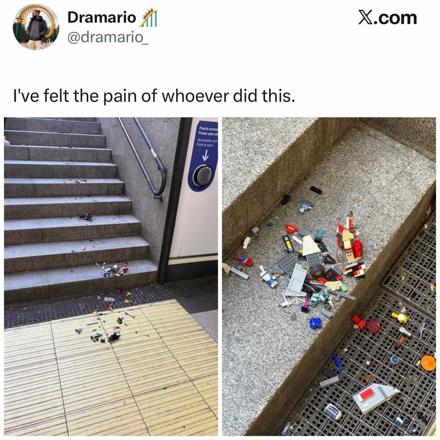 tragic yet hilarious meme from a meme dump showing a "Lego nightmare" where a massive, complex set appears to have been dropped and shattered into hundreds of pieces across a flight of stone public stairs.