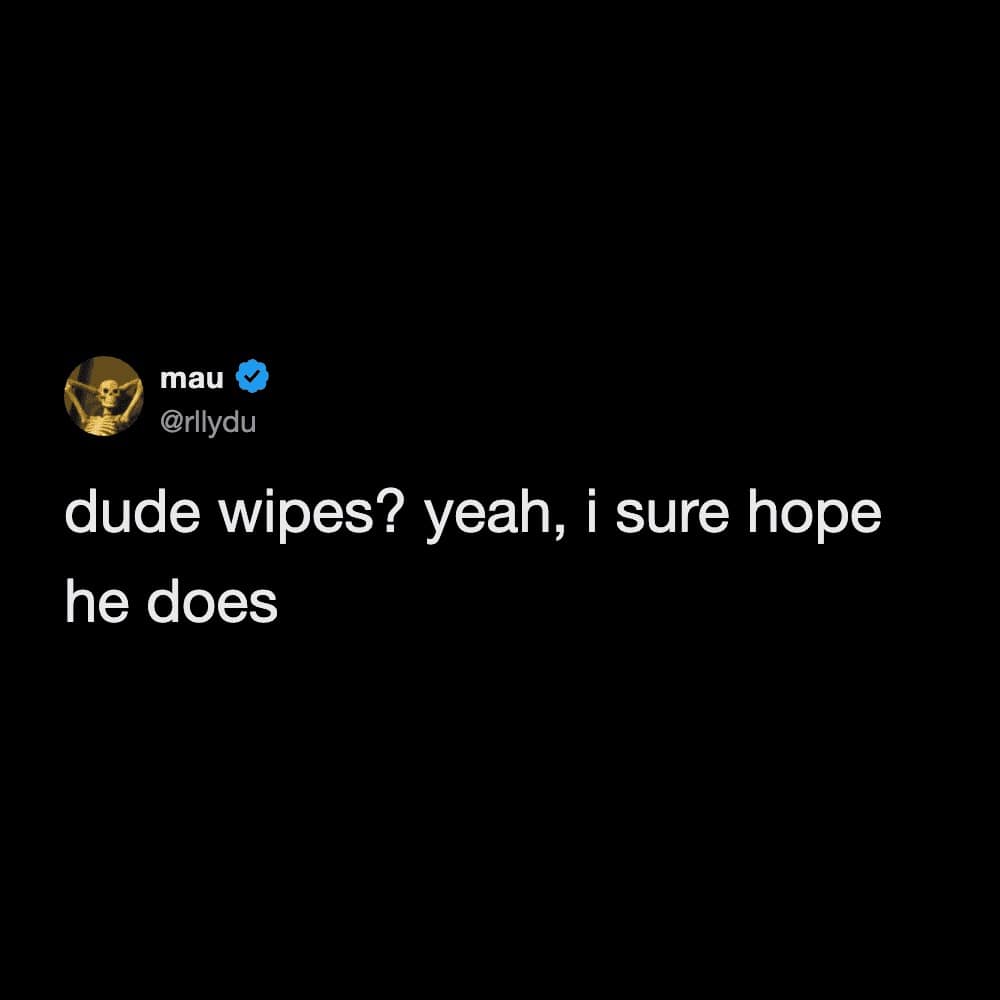 A short-form linguistic funny meme tweet from mau (@rllydu) that plays on the brand name "Dude Wipes." The text simply reads: "dude wipes? yeah, i sure hope he does."