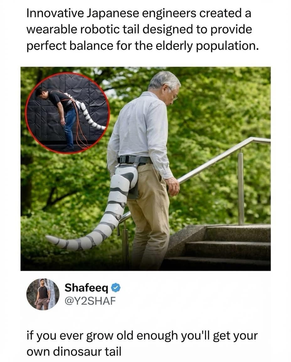A futuristic news snippet about Japanese engineers developing a wearable robotic tail to help the elderly maintain their balance. A comment by Shafeeq jokes that if you live long enough, you eventually get to live your dinosaur dreams.